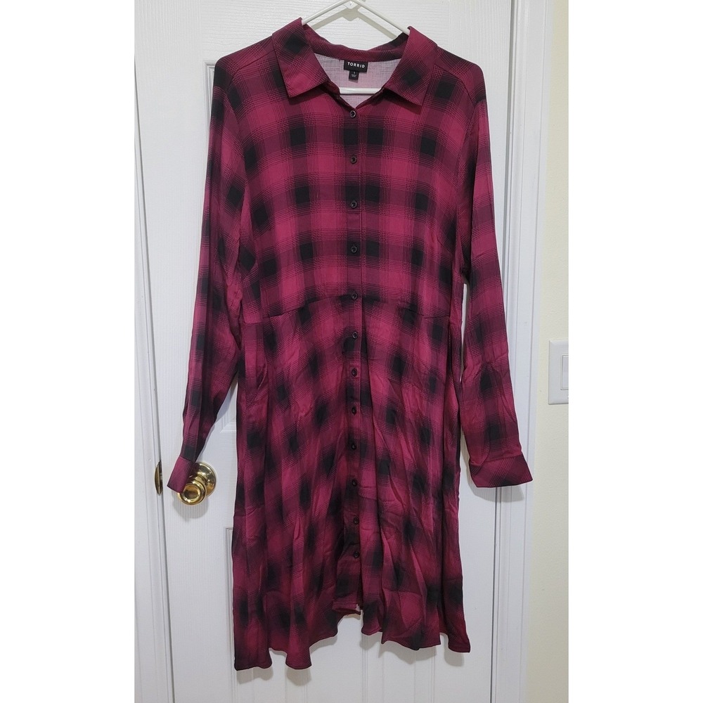 Torrid Womens Magenta Black Plaid Button Up Shirt Dress‎ Size 1 Plus Long Sleeve